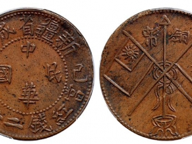新疆省城造中华民国背双旗当红钱二十文铜币