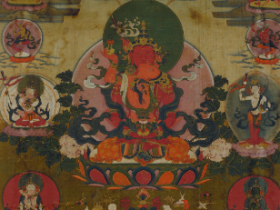 西藏19世纪 棉布矿物颜料红无量寿唐卡